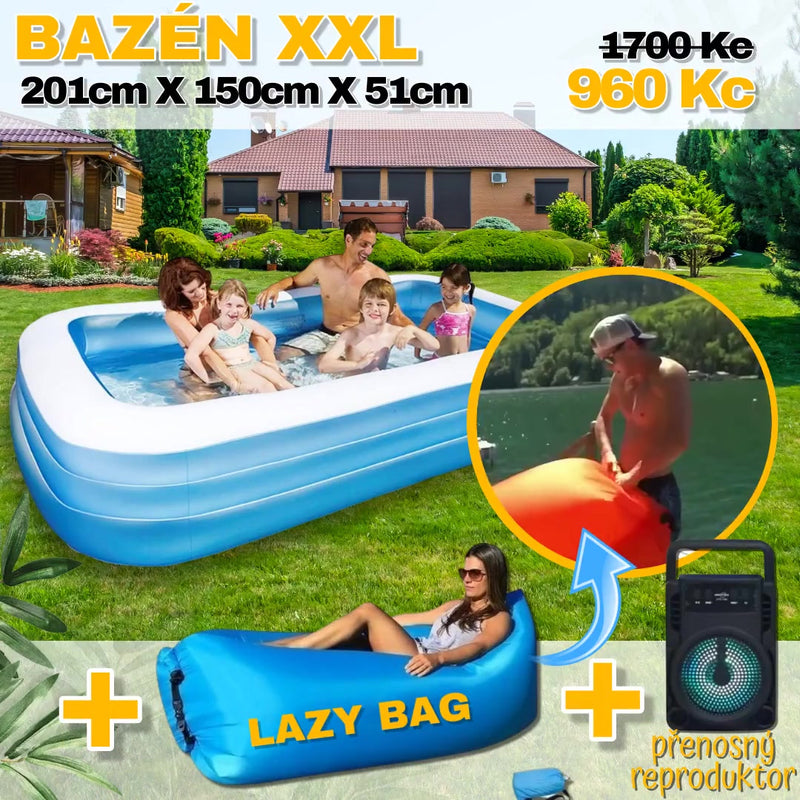 LETNÍ NABÍDKA - XXL BAZÉN (201 cm x 150 cm x 51 cm) + Lazy Bag + Přenosný reproduktor