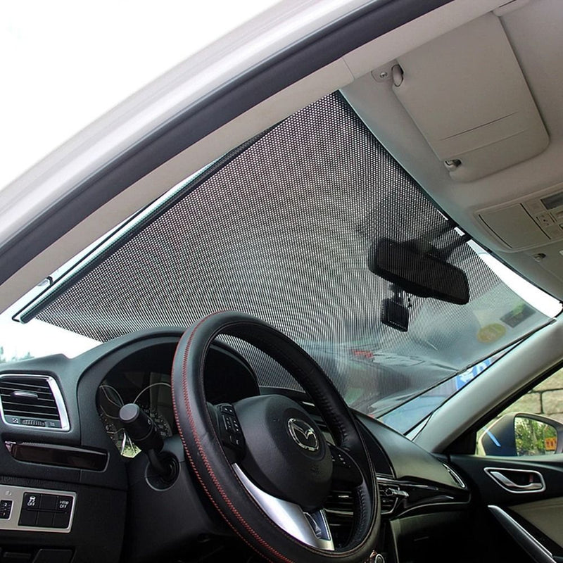 Sluneční clona do auta s přísavkami, výsuvná, černá, 68 cm x 125 cm, na čelní sklo nebo boční okna