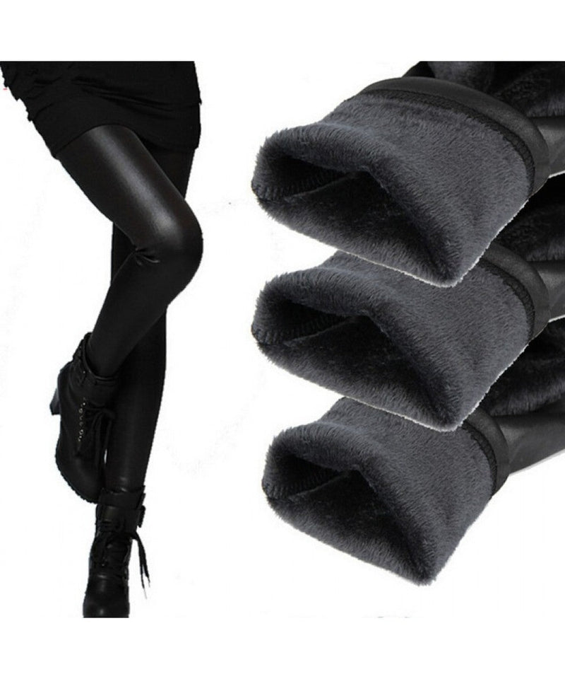 Zimní termo punčochové kalhoty, imitace kůže, měkké uvnitř, černé