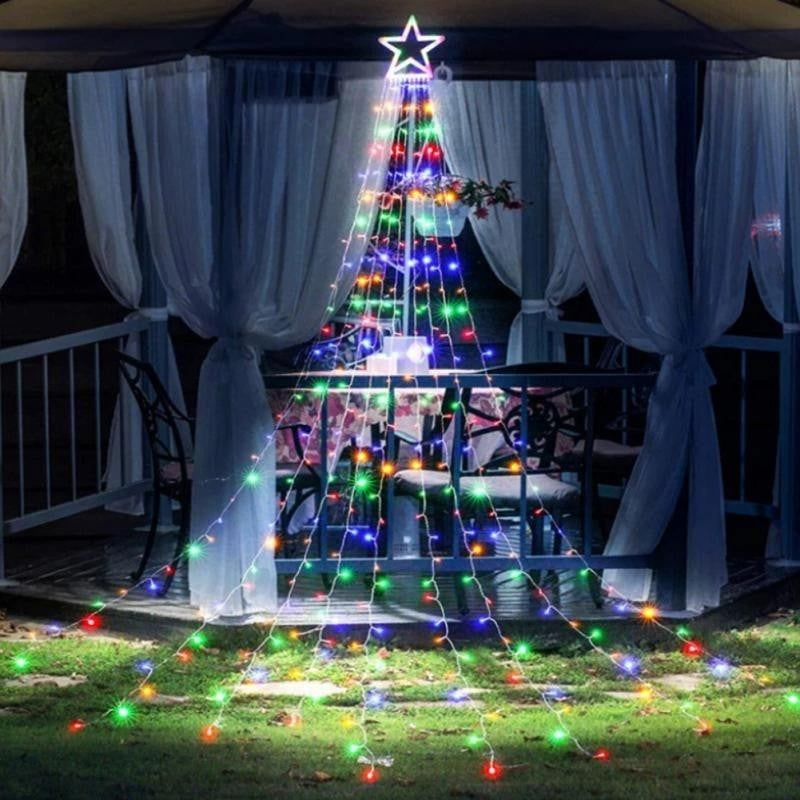 Závěsová světelná instalace na vánoční stromeček, se svítící hvězdou, 350 LED, solární nabíjení, vnitřní a venkovní